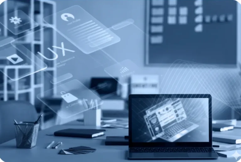 Web applications being shown in the laptop and coming out of its screen floating everywhere in the room