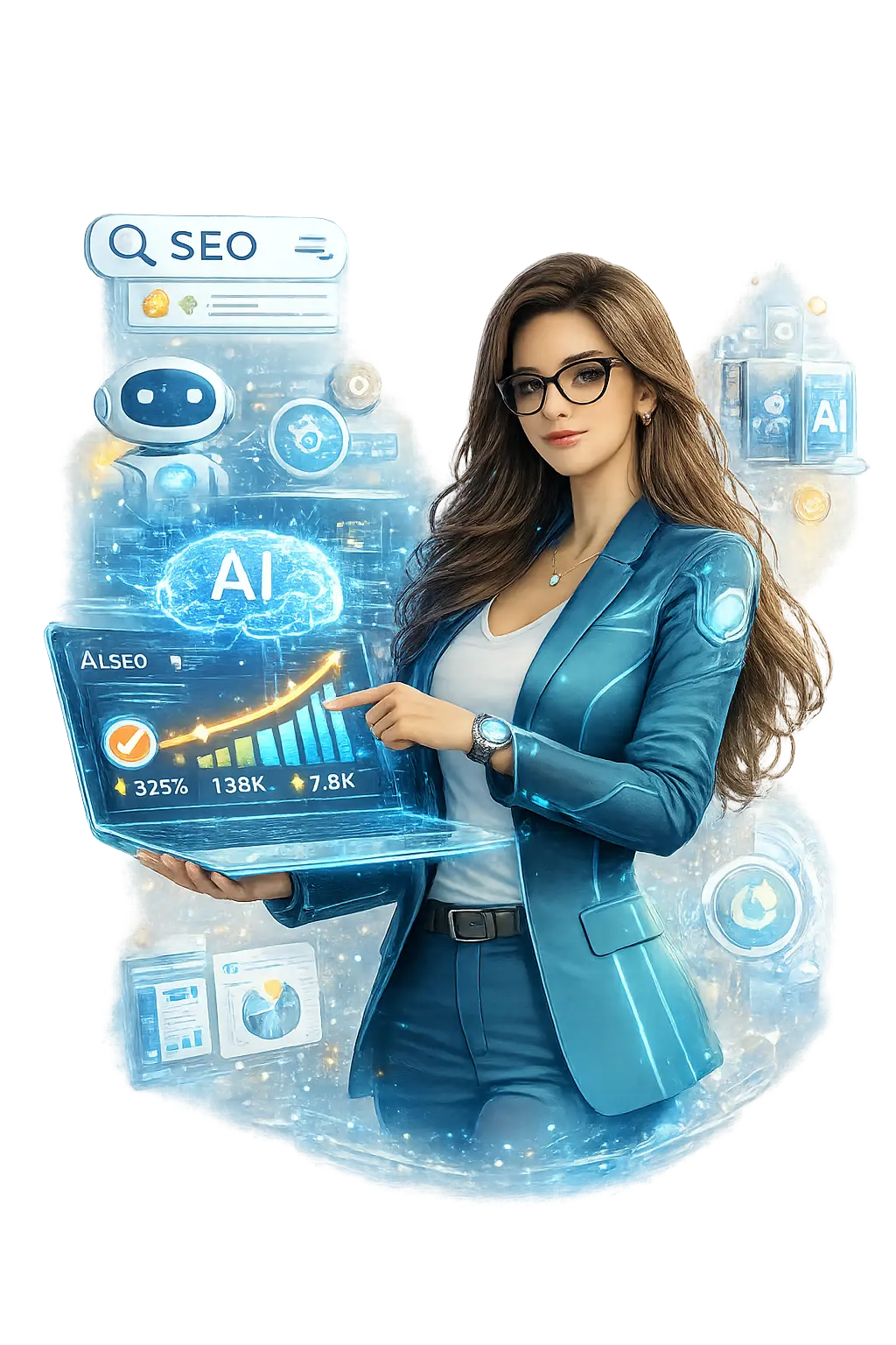 AI SEO analyst showing holographic search ranking growth dashboard on transparent laptop