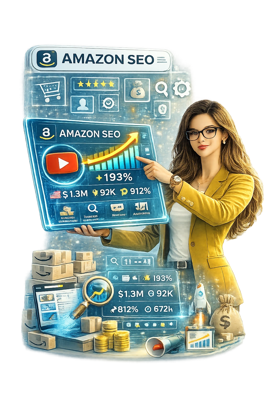 Amazon SEO specialist showing product ranking growth and marketplace sales analytics dashboard