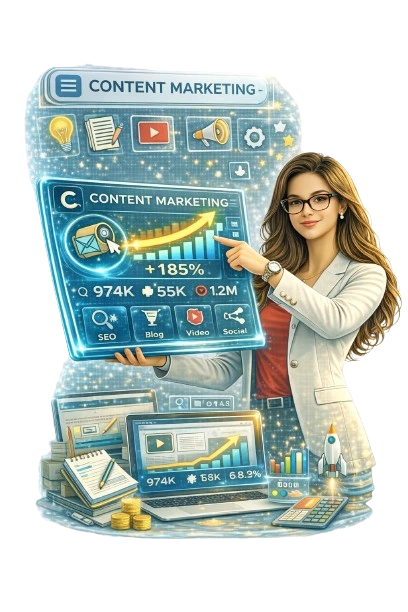 Content marketing specialist showing blog video SEO and traffic growth analytics dashboard