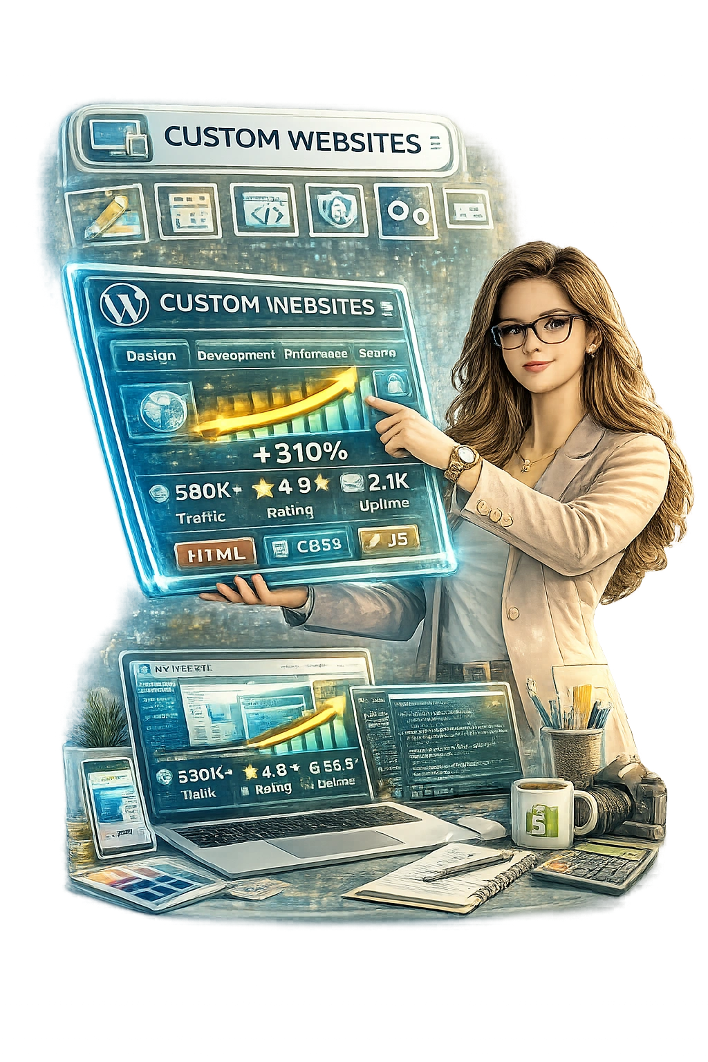 Custom website developer presenting responsive design and performance growth dashboard on laptop