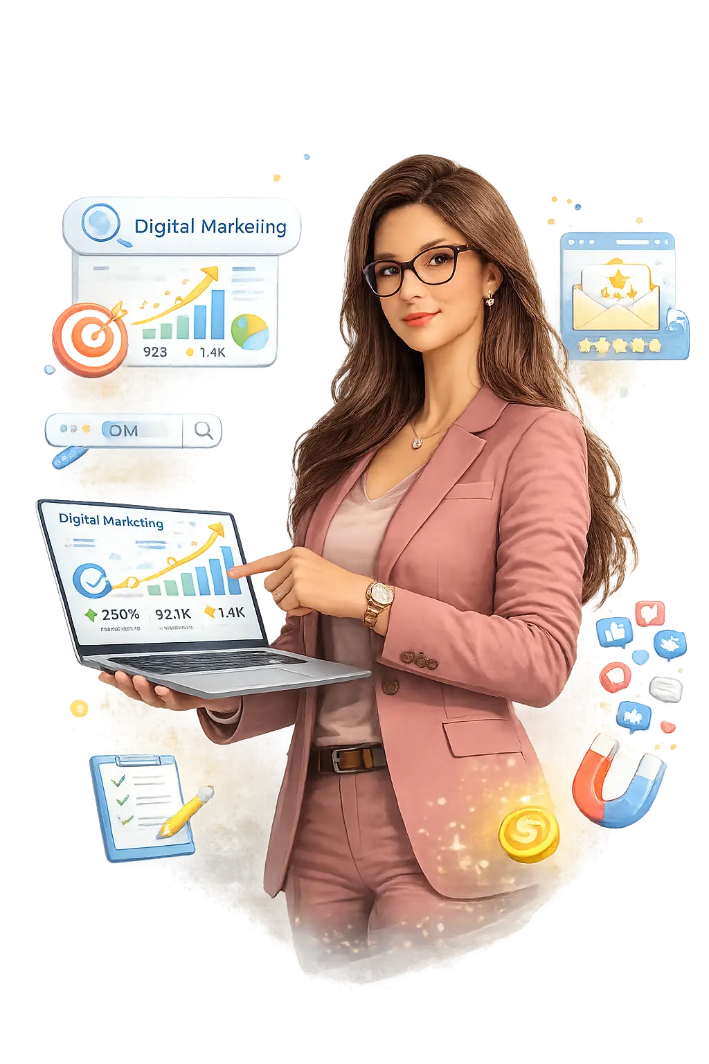 Digital marketing consultant showing campaign analytics and lead growth dashboard on laptop