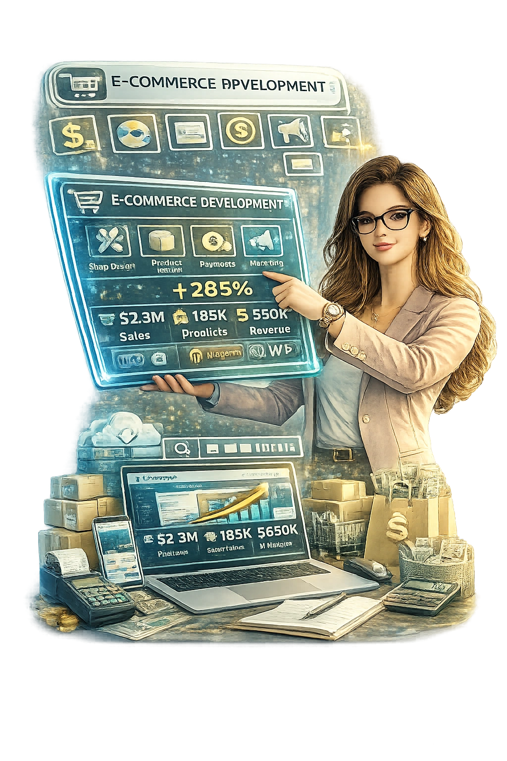 E-commerce developer showing online store setup and sales growth analytics dashboard