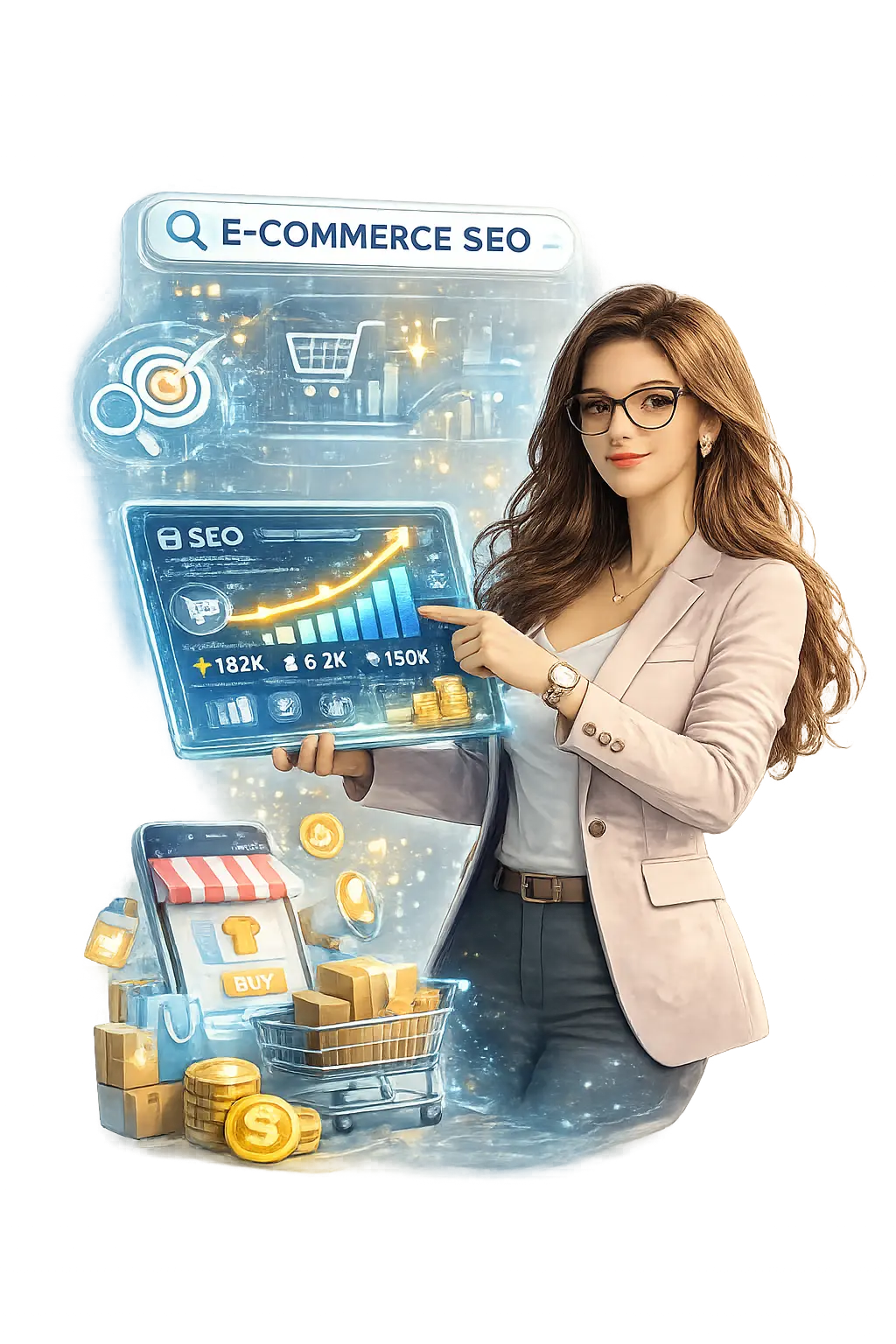 E-commerce SEO specialist showing online store traffic and sales growth analytics dashboard