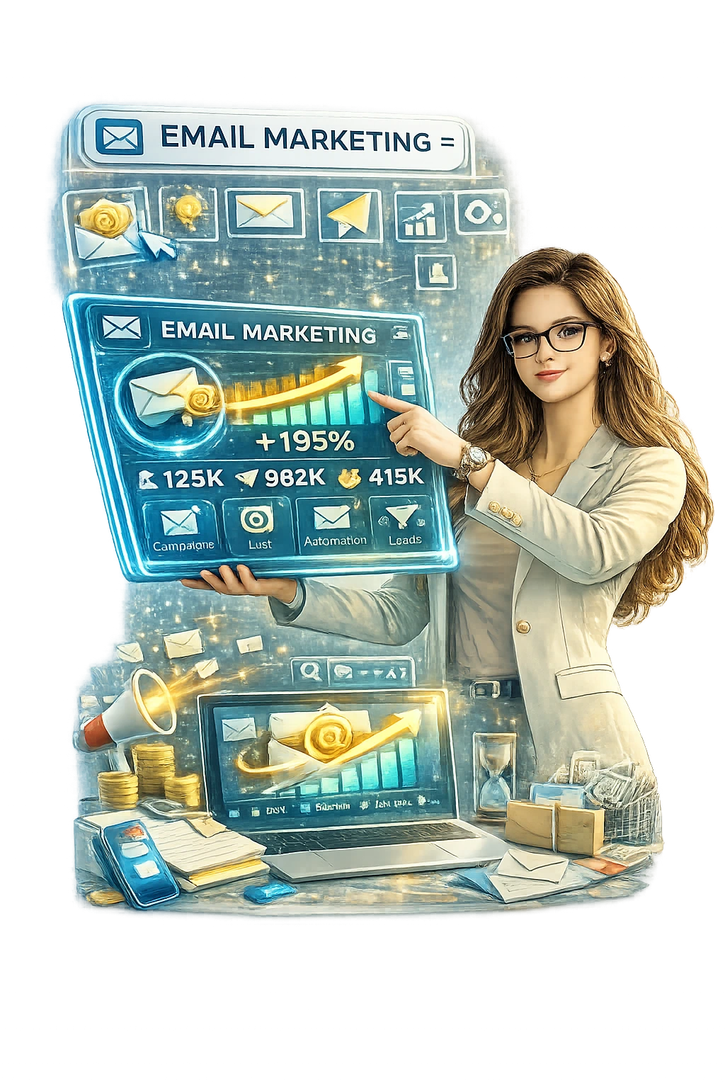 Email marketing specialist showing campaign performance and lead growth analytics dashboard