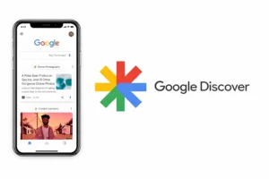 Google Discover mobile interface displayed on smartphone with Google Discover logo on white background