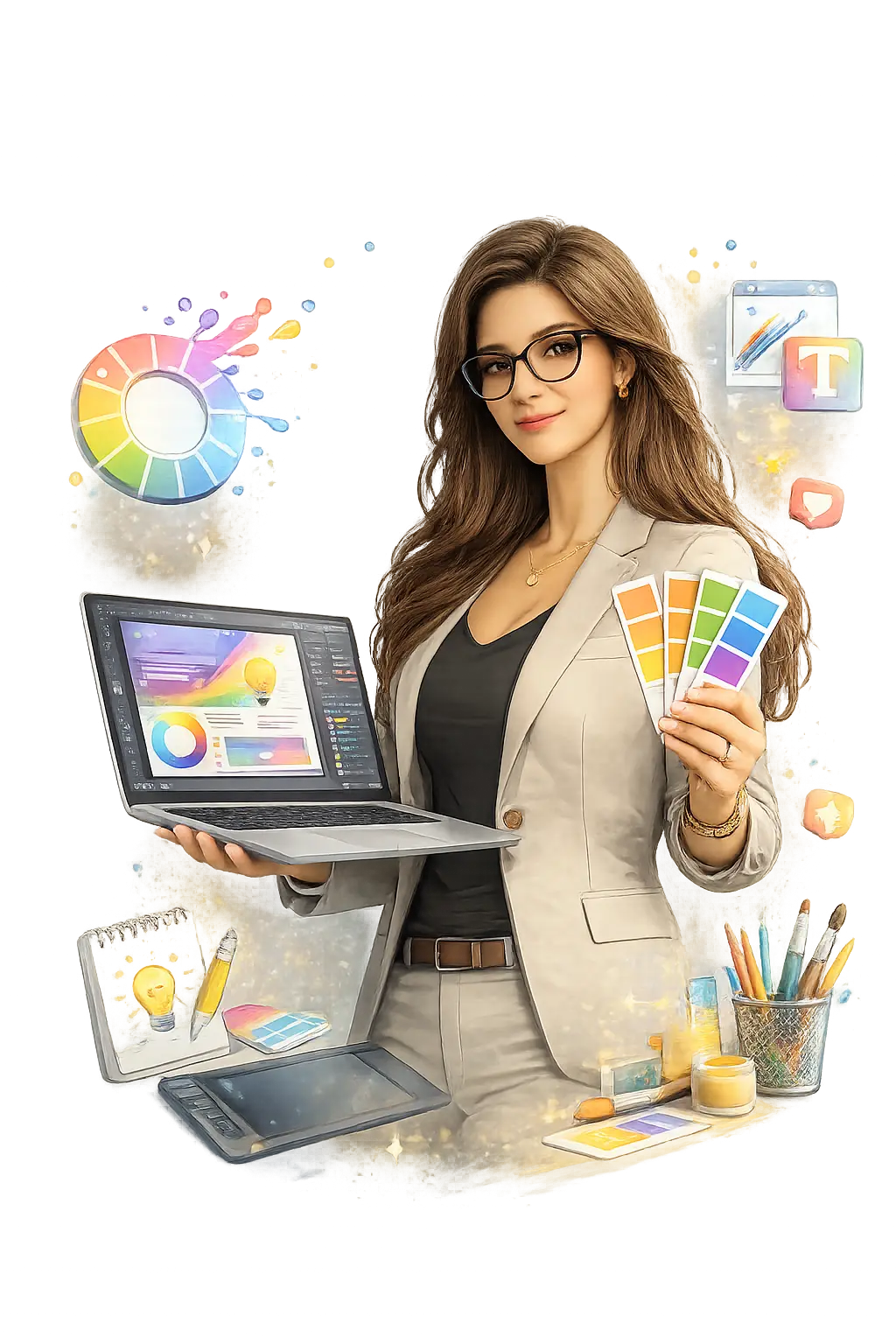 Professional graphic designer holding color palette and creating branding designs on laptop
