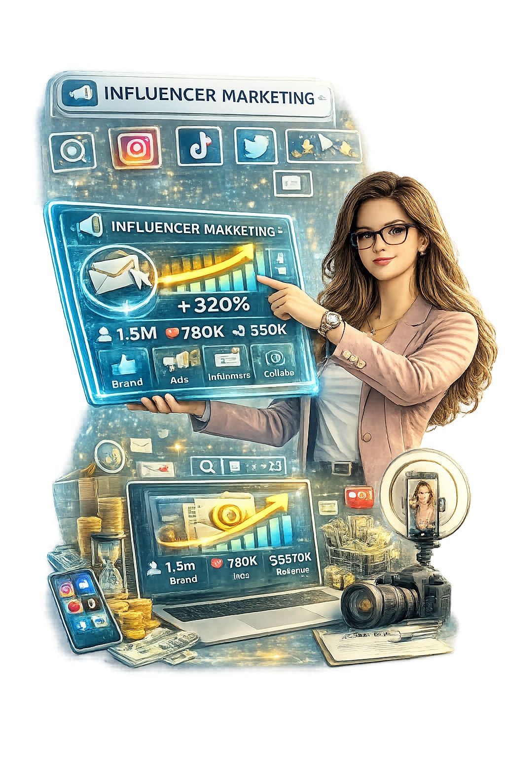 Influencer marketing specialist showing social media follower growth and engagement analytics dashboard