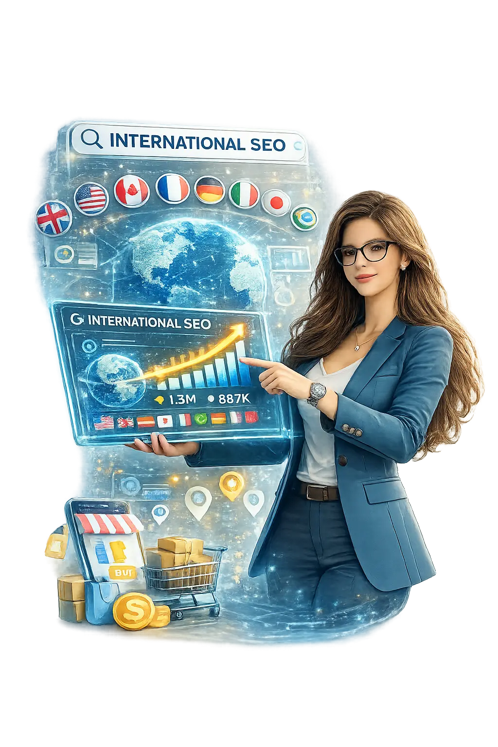 International SEO consultant showing global search rankings and multi-country traffic growth dashboard