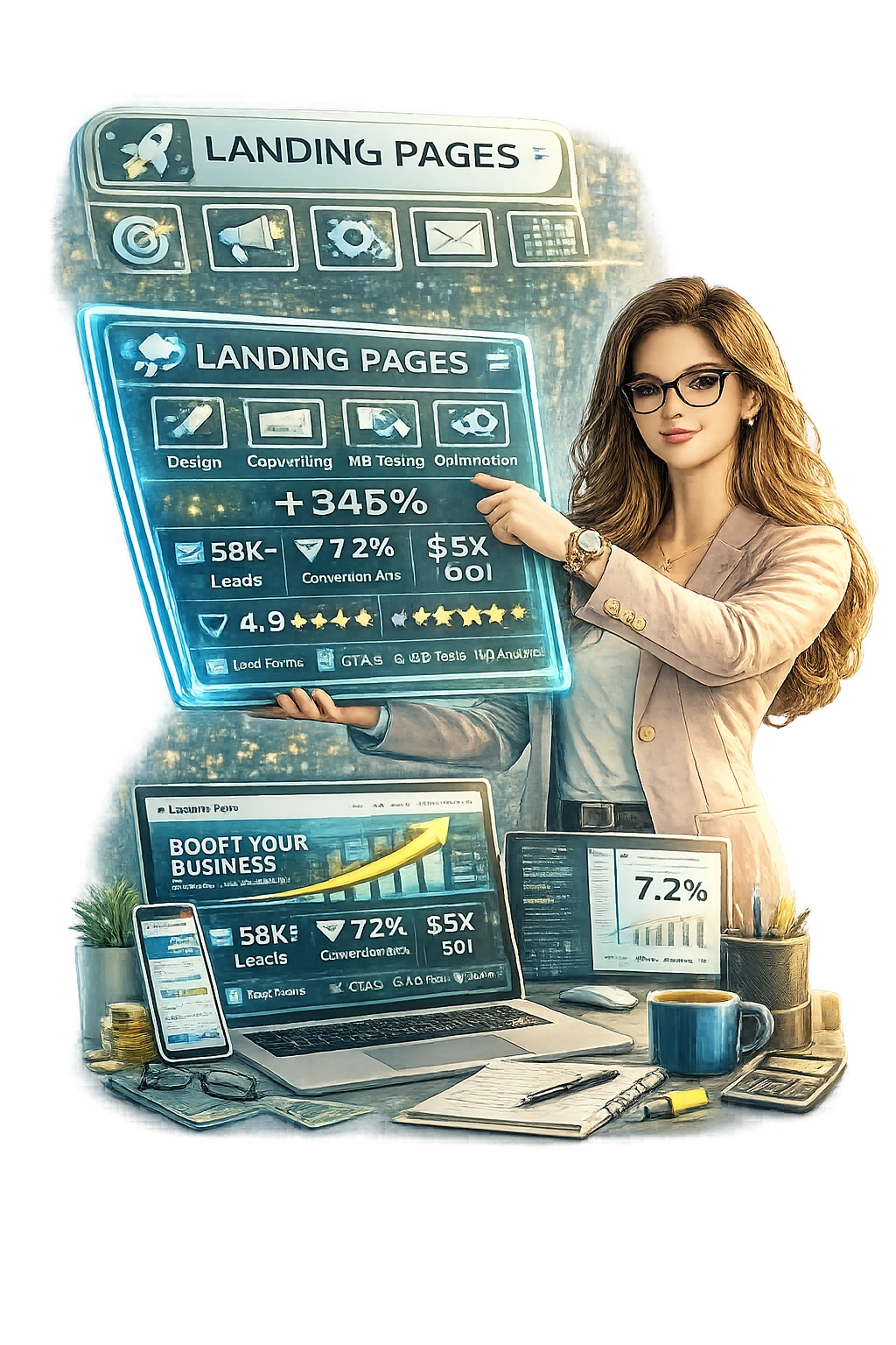 Landing page specialist showing conversion rate optimization and lead generation analytics dashboard