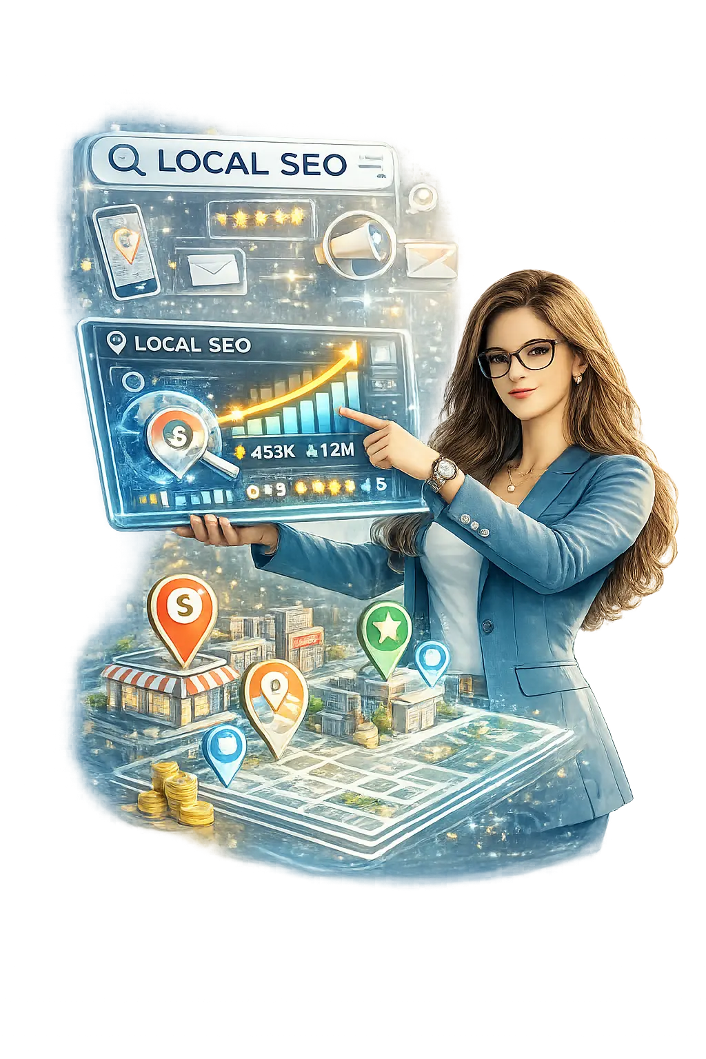 Local SEO consultant showing Google Maps rankings and nearby business growth dashboard