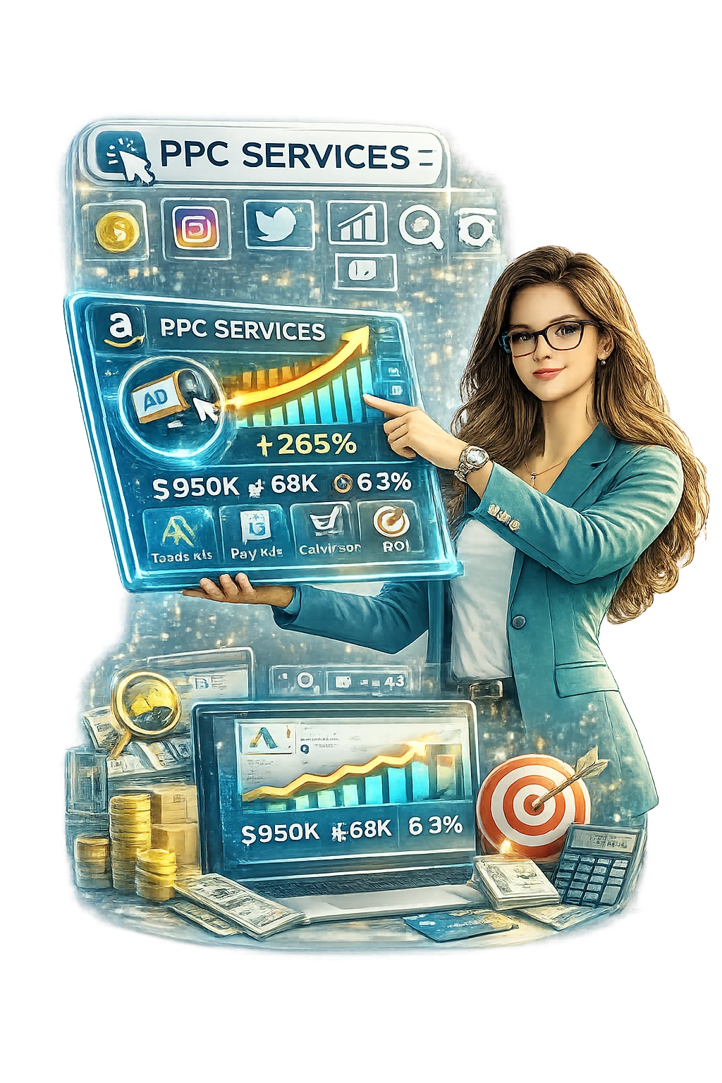 PPC advertising specialist showing paid ads performance and conversion growth dashboard