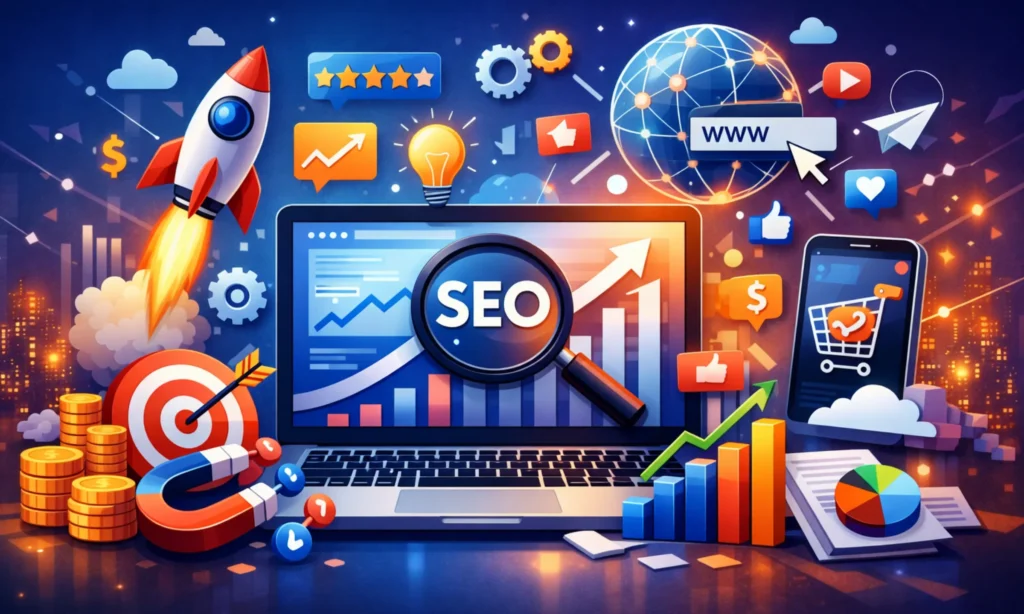 Futuristic SEO checklist concept showing website traffic growth, analytics, and revenue boost