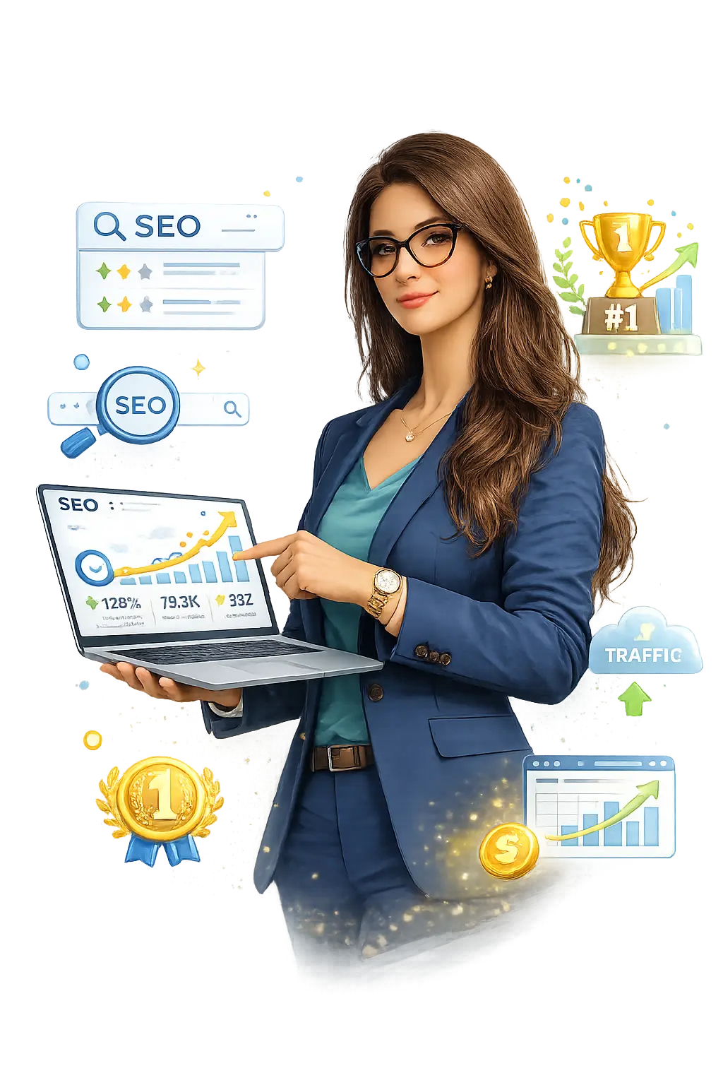 Professional SEO consultant showing ranking growth analytics on laptop dashboard