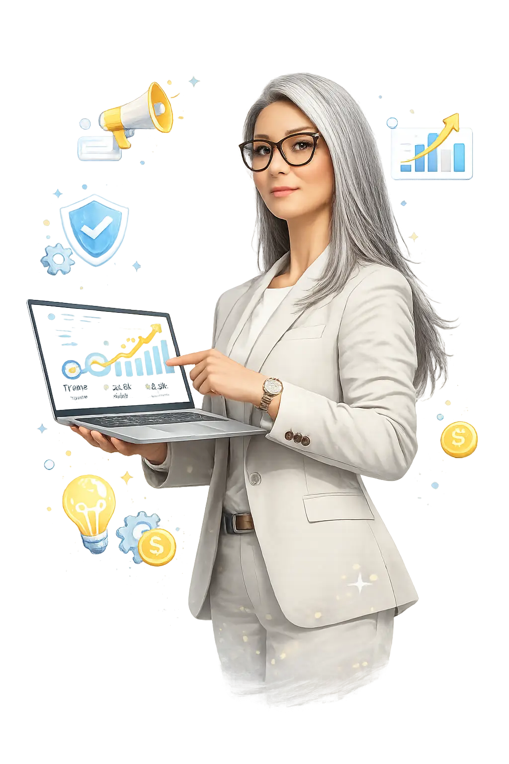 Professional digital marketing consultant showing growth analytics dashboard on laptop for business services