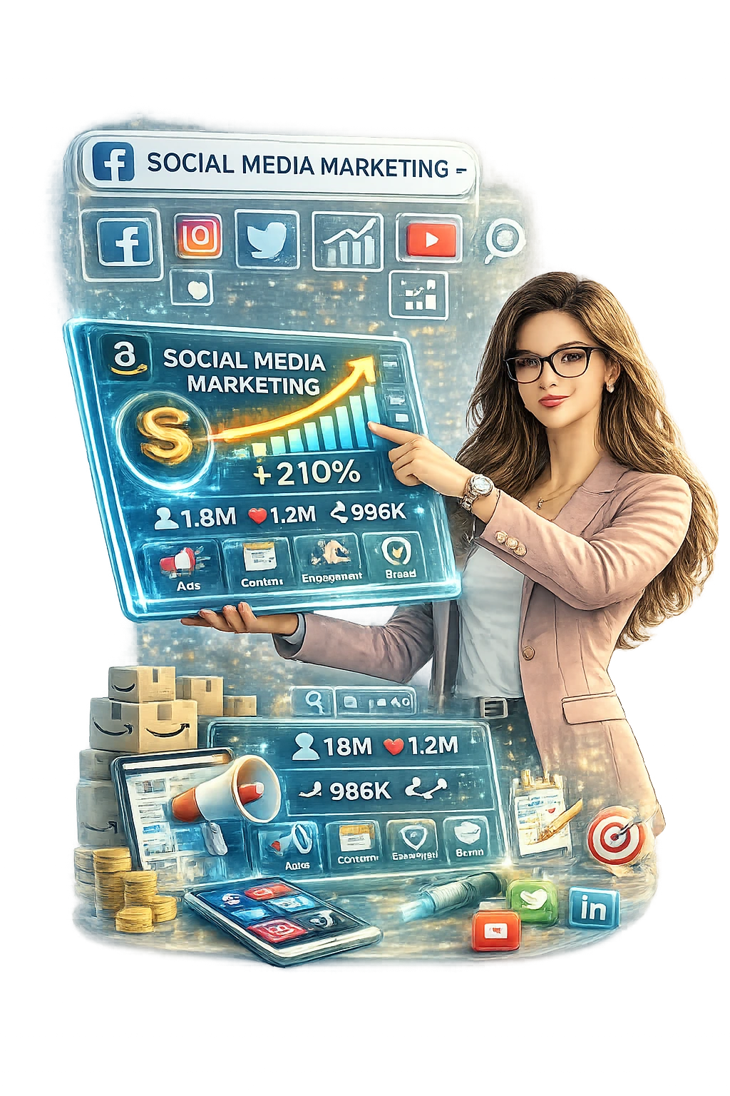 Social media marketing consultant showing engagement growth and campaign analytics dashboard
