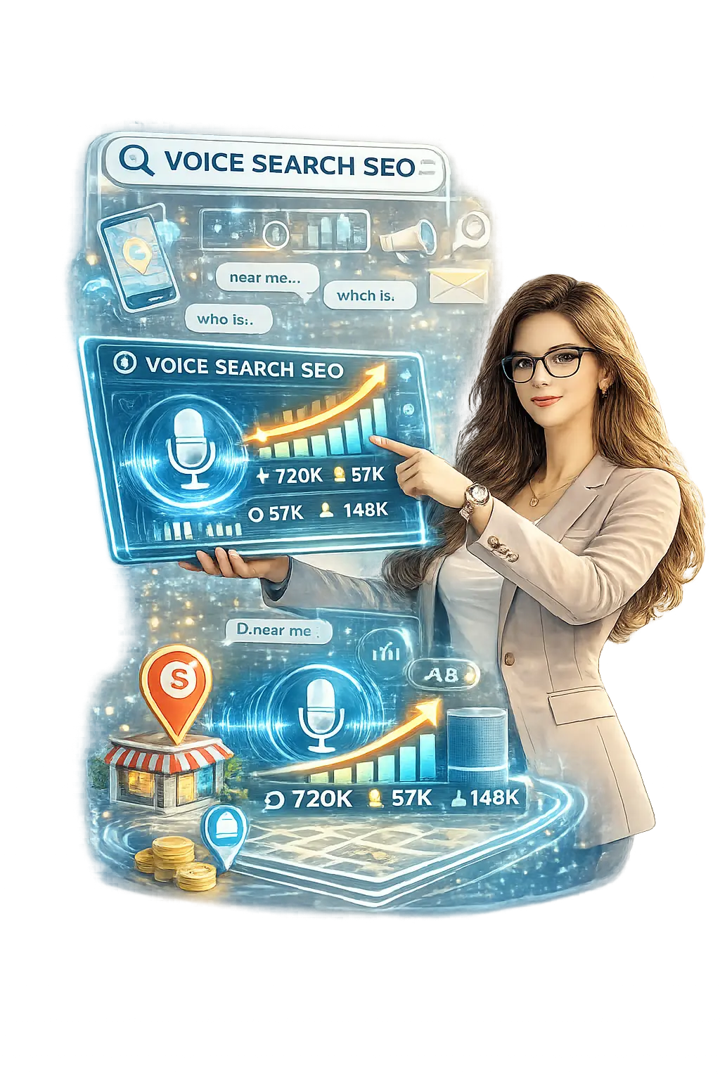 Voice search SEO consultant showing microphone search queries and traffic growth dashboard