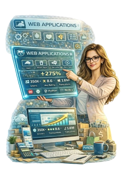 Web application developer presenting SaaS dashboard with users growth and performance analytics