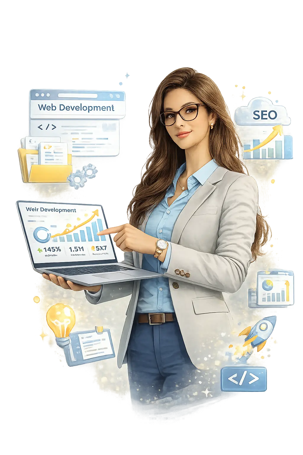 Professional web developer showing website performance analytics and code dashboard on laptop