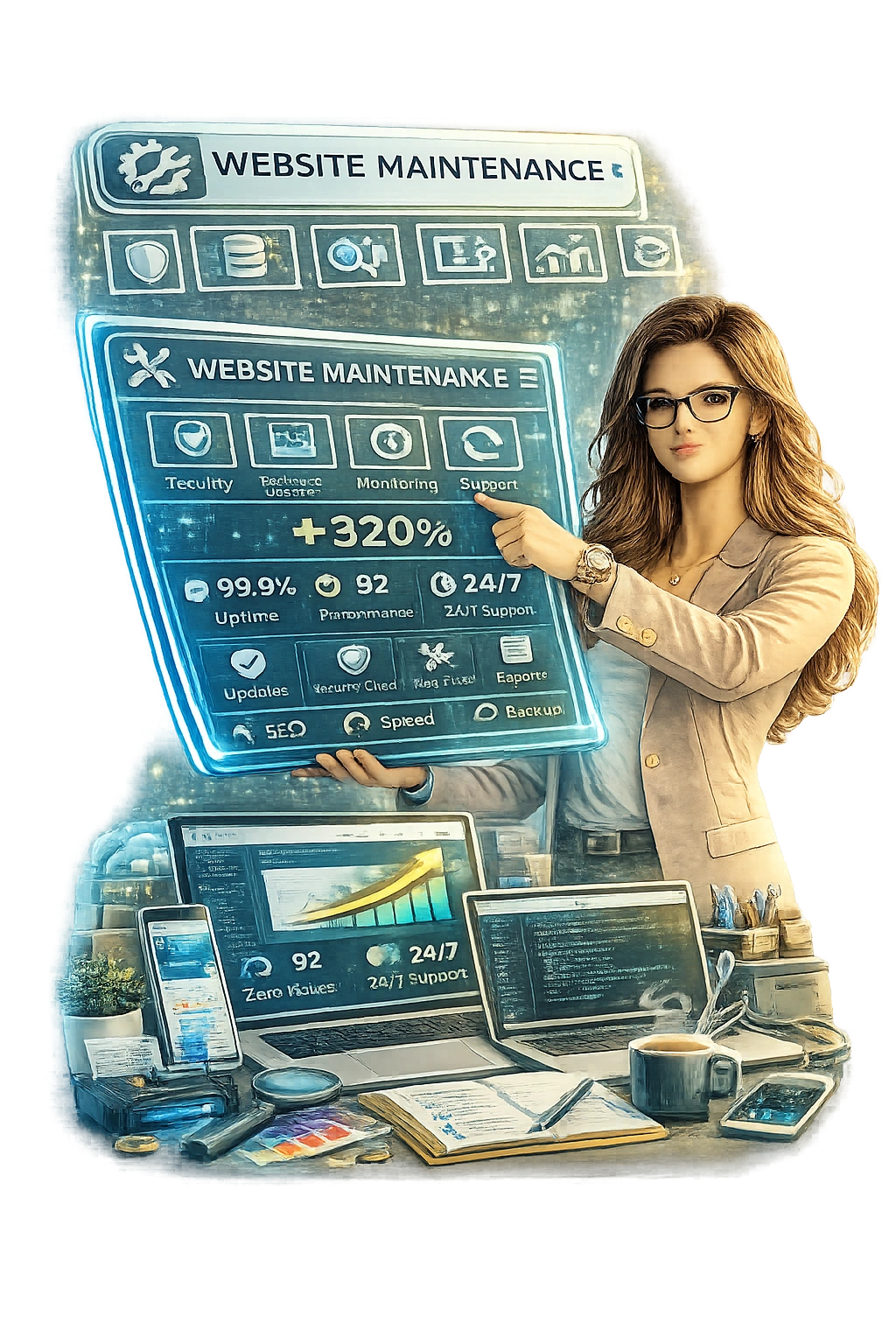 Website maintenance specialist showing uptime monitoring and performance analytics dashboard