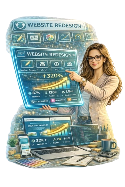 Website redesign specialist showing modern UI improvement and performance growth analytics dashboard