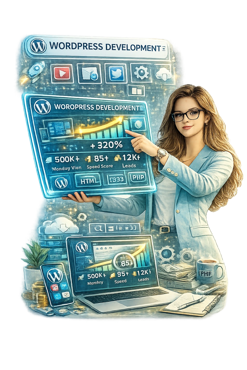 WordPress developer showing custom website performance and speed optimization dashboard