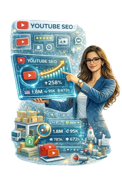 YouTube SEO specialist showing video ranking growth and channel analytics dashboard
