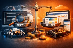 Realistic illustration of a balance scale comparing Crawl vs Rendering Budget in SEO, with a search engine bot and URLs on one side and rendered web pages with GPU processing on the other, highlighted with subtle orange lighting.