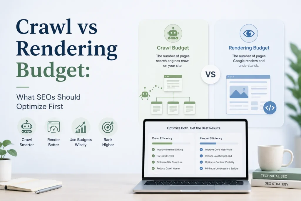 Technical SEO infographic comparing crawl budget and rendering budget, with recommendations for internal linking, crawl errors, site structure, Core Web Vitals, JavaScript load, and content visibility.
