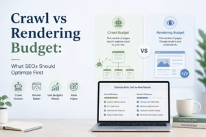 Technical SEO infographic comparing crawl budget and rendering budget, with recommendations for internal linking, crawl errors, site structure, Core Web Vitals, JavaScript load, and content visibility.