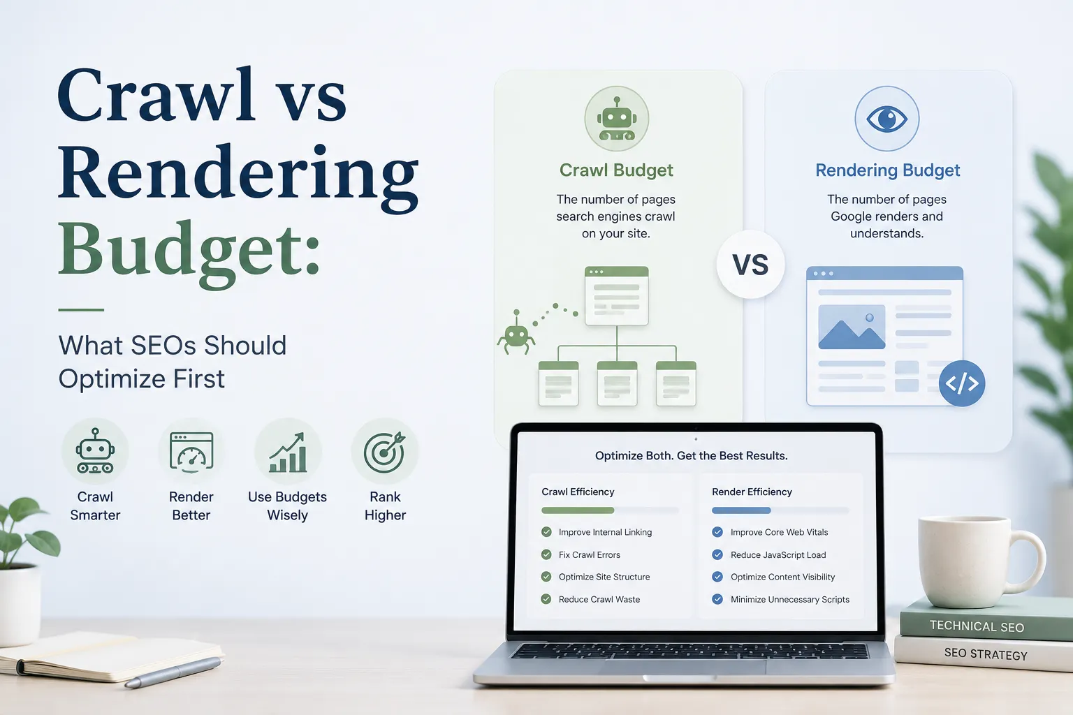 Technical SEO infographic comparing crawl budget and rendering budget, with recommendations for internal linking, crawl errors, site structure, Core Web Vitals, JavaScript load, and content visibility.
