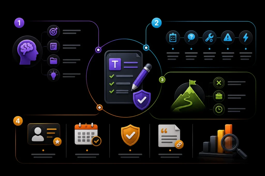 Authoritative SEO content framework showing expertise, problem-solving depth, real experience, author credibility, freshness, trust, citations, and performance analysis