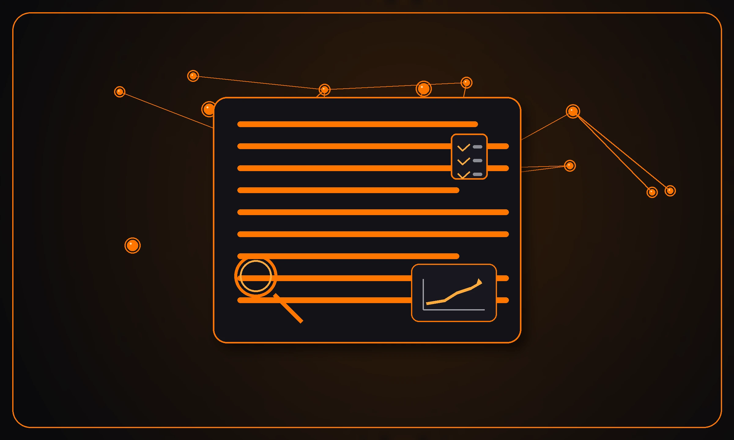 Black and orange SEO authority concept with content blocks, checklist, search icon and growth chart