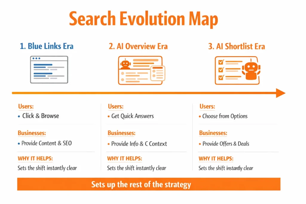 Search evolution map showing three stages—Blue Links Era, AI Overview Era, and AI Shortlist Era—with how users and businesses behavior changes across each phase.