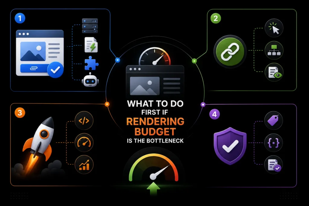 Four actions to take when rendering budget is the bottleneck, including page optimization, internal linking, performance improvements, and structured data validation