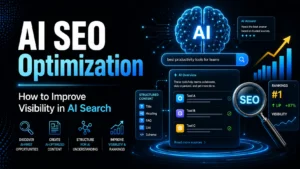 AI SEO optimization infographic showing structured content, schema, AI Overviews, trusted sources, rankings, and strategies for improving visibility in AI-powered search.