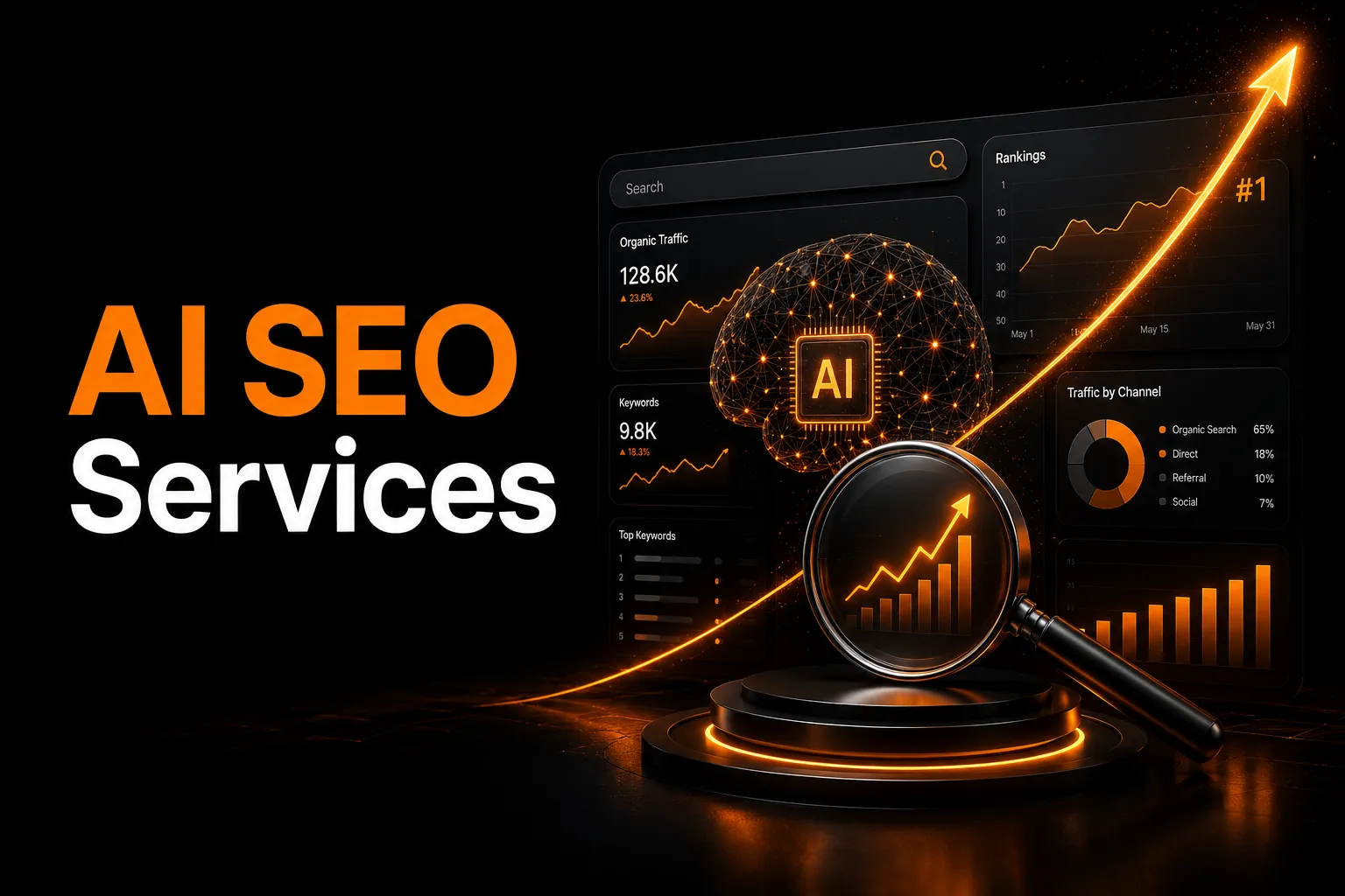 AI SEO services connecting technical optimization, entity signals, search visibility and measurable organic growth