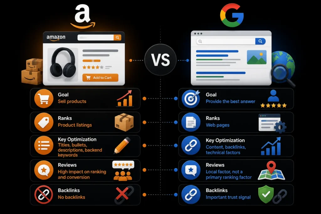 Amazon SEO vs Google SEO comparison covering goals, rankings, keyword optimization, reviews, and backlinks