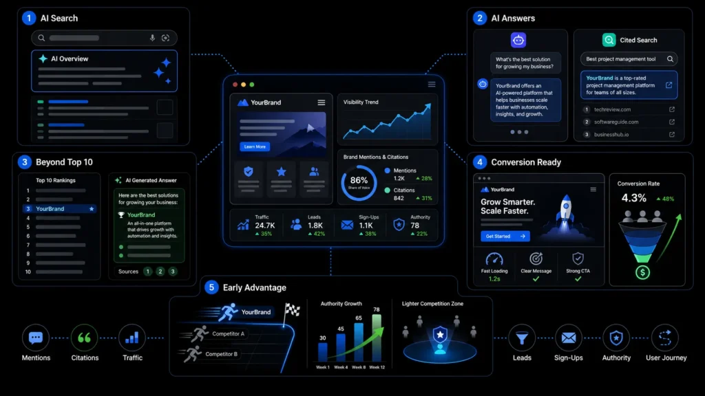 Benefits of AI SEO showing visibility in AI search and cited answers, rankings beyond the top 10, conversion optimization and an early competitive advantage.