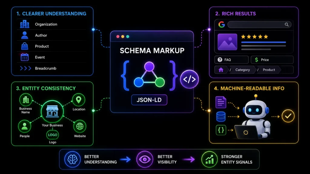 Benefits of schema markup showing clearer search-engine understanding, rich results, entity consistency, and machine-readable website information