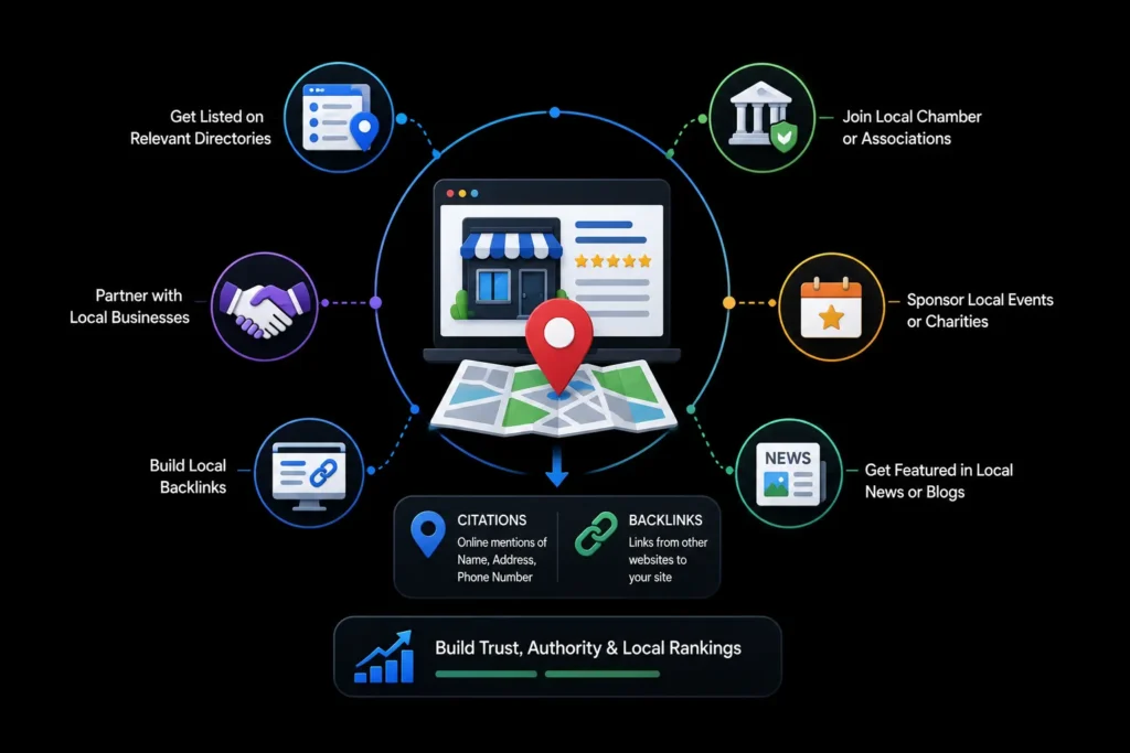 Local citation and backlink strategy using business directories, local partnerships, chambers of commerce, event sponsorships and local news websites.