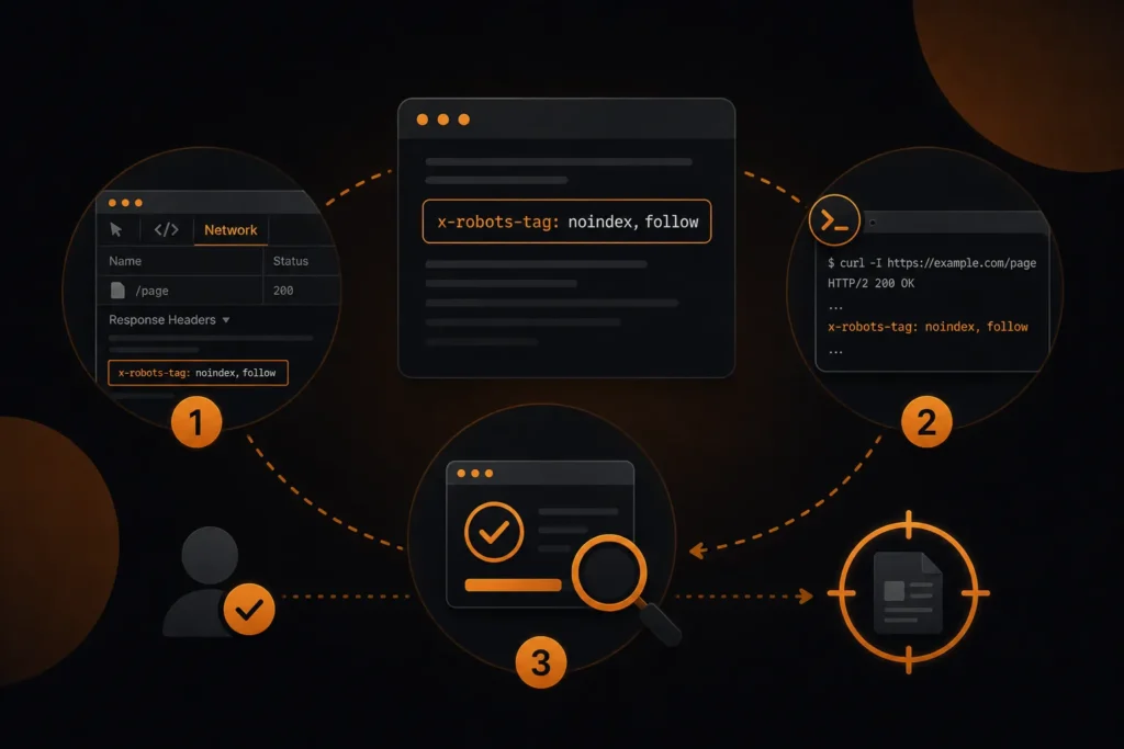 Three-step process for checking X-Robots-Tag directives through browser developer tools, command-line headers, and an SEO audit tool.