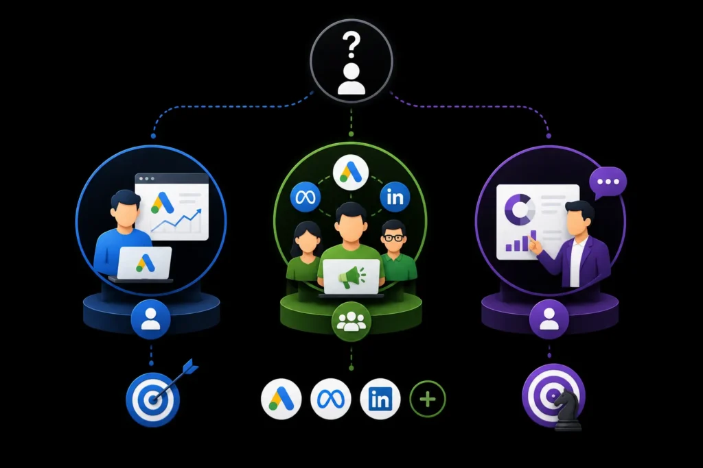 Comparison of a Google Ads specialist, full-service digital marketing team, and marketing consultant
