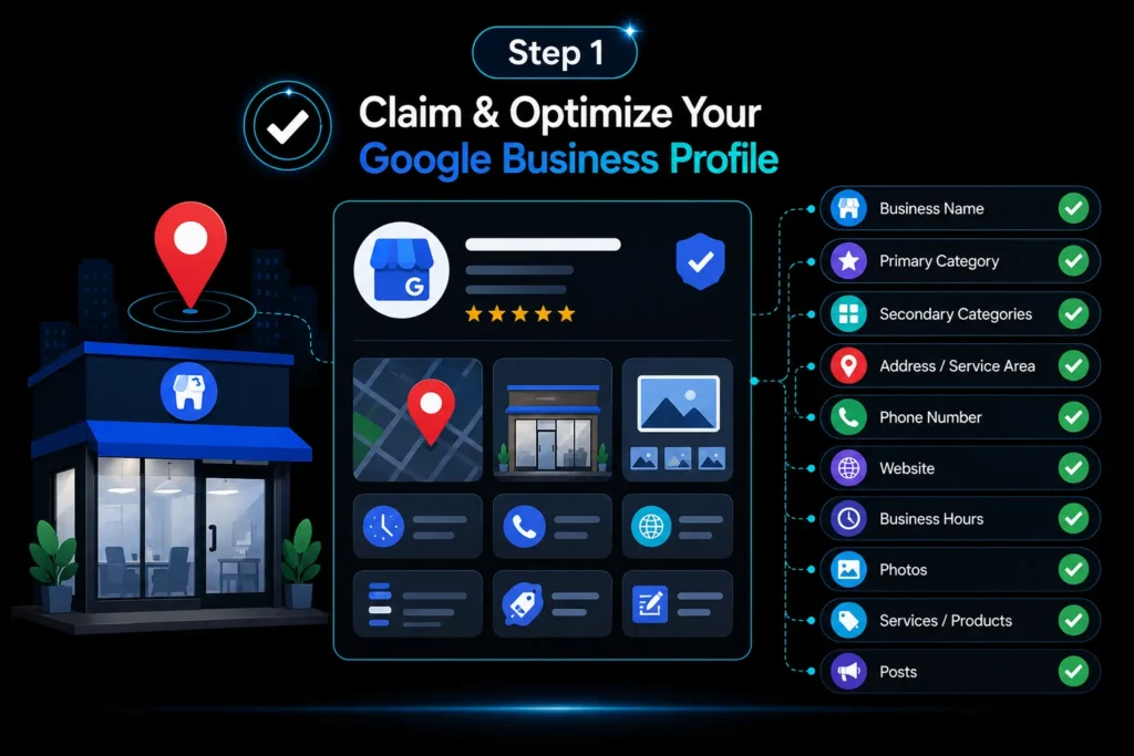 Google Business Profile optimization checklist covering business name, categories, address, phone number, website, hours, photos, services and posts.