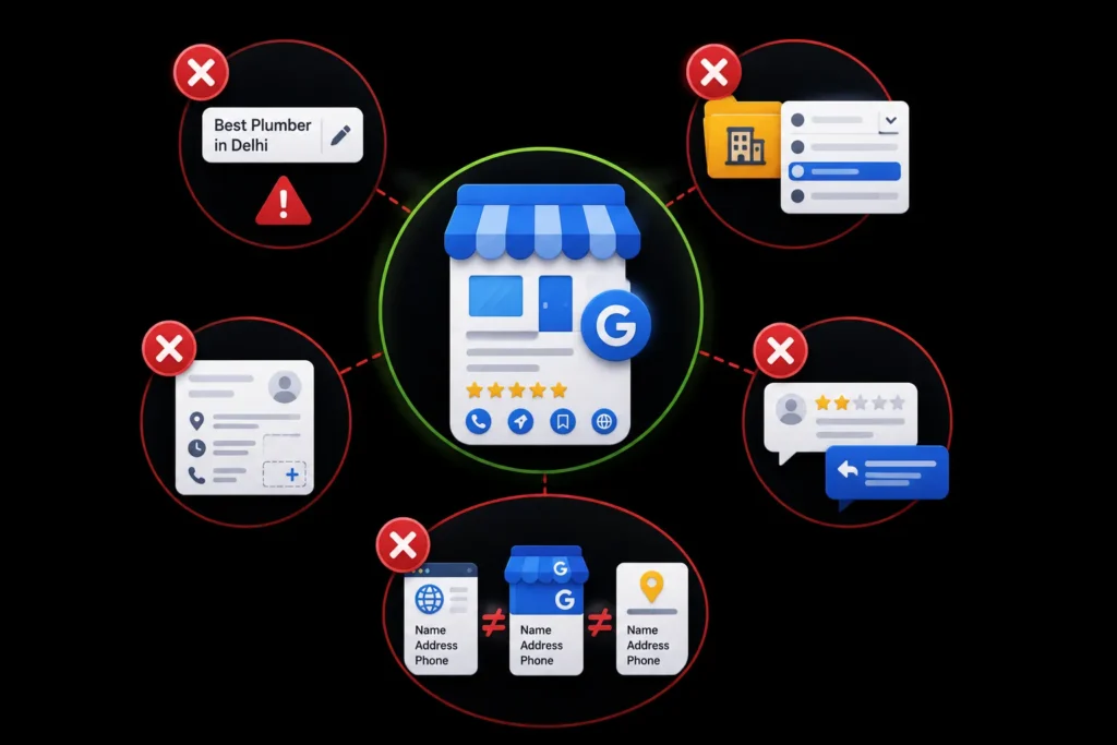 Common Google Business Profile mistakes, including keyword stuffing, wrong categories, incomplete information, ignored reviews, and inconsistent NAP details
