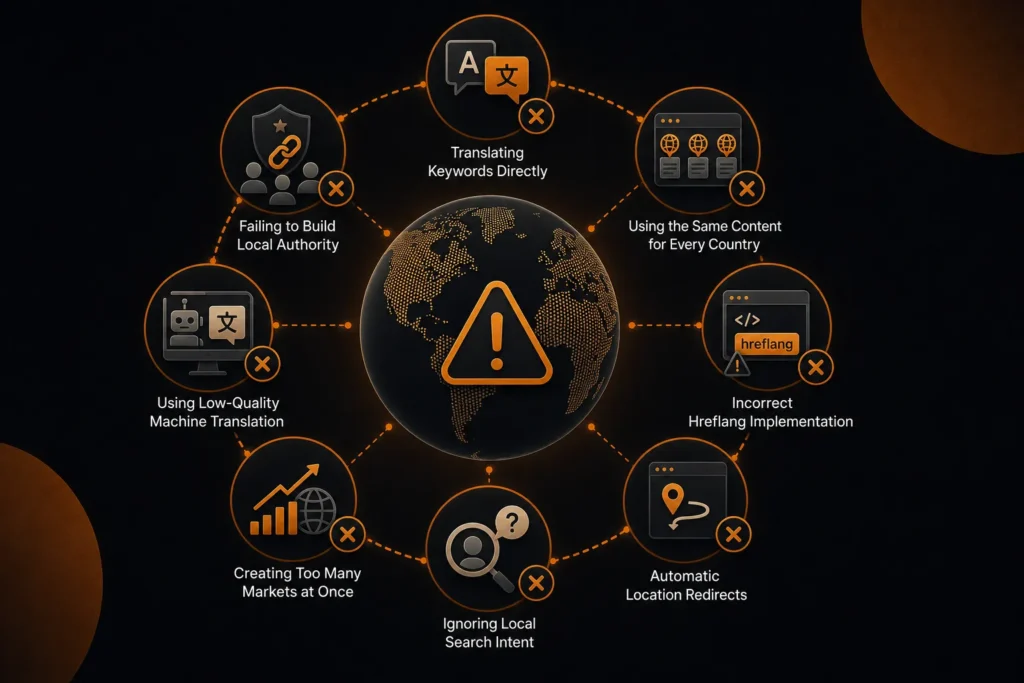 Common international SEO mistakes, including direct keyword translation, duplicate regional content, incorrect hreflang, automatic redirects, and weak local authority.