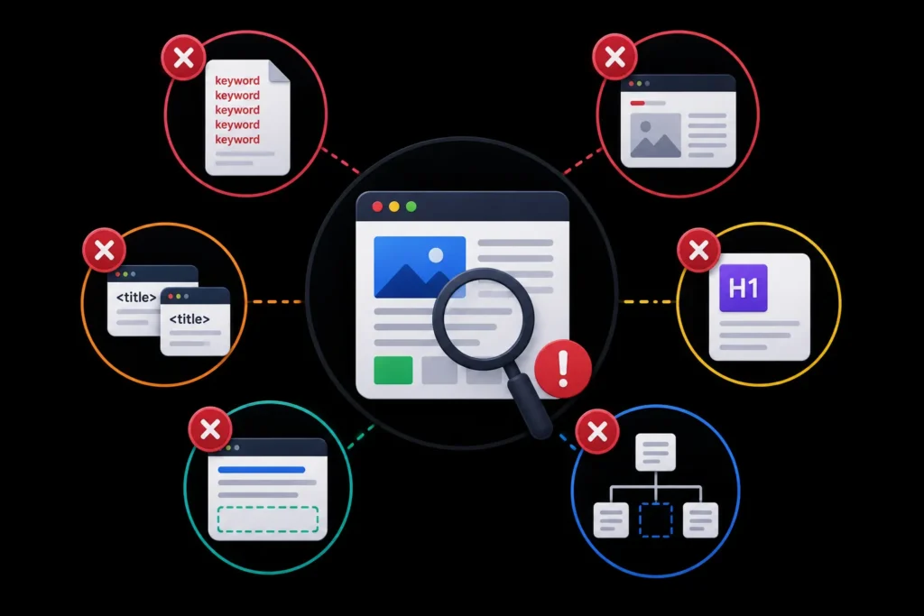 Common on-page SEO mistakes, including keyword stuffing, thin content, duplicate title tags, missing H1 tags, weak meta descriptions, and poor internal linking