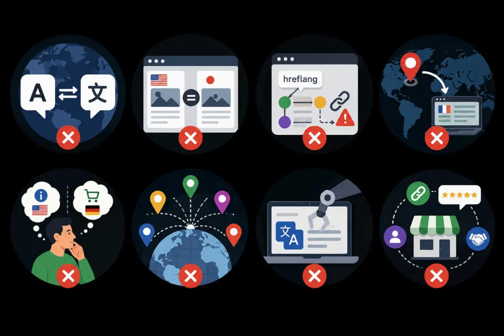 Common SEO mistakes and errors that can reduce website rankings, organic traffic, and search visibility