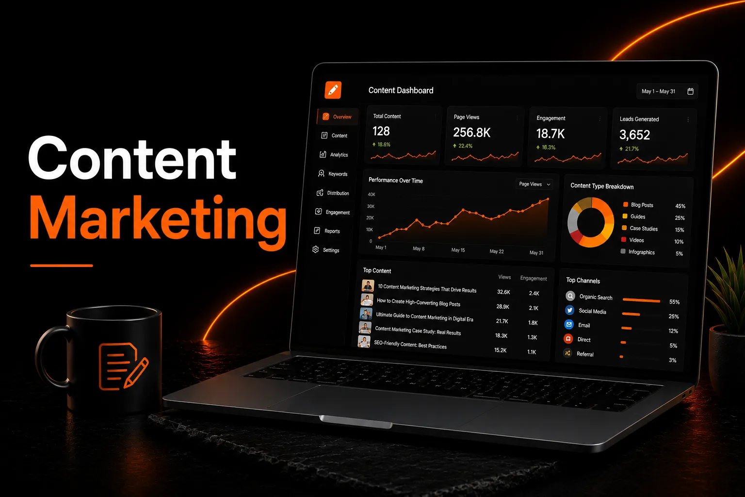 Content marketing analytics dashboard displayed on a laptop with a premium black and orange background