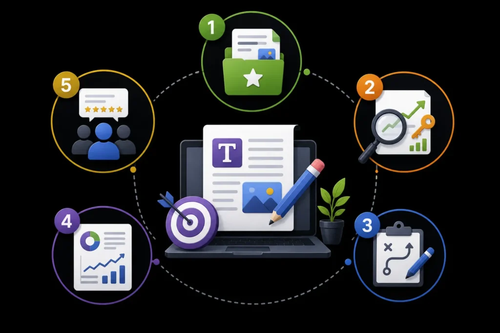 Five-step content marketing strategy covering content organization, keyword research, planning, performance analysis, and audience feedback